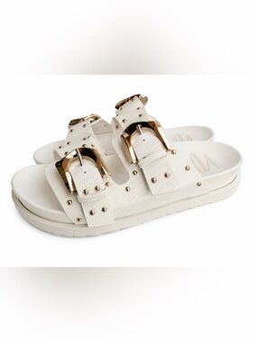 Not Rated Cream Marigold Slide Sandals with Gold Studs and Buckles
